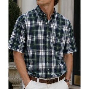 Vintage Lands End Mens Plaid Short Sleeve Shirt M Hong Kong 90s Old Money Preppy